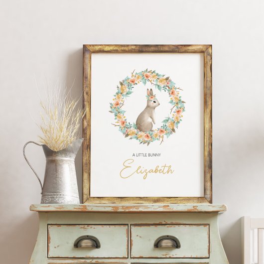 Modern Nursery Baby Name Rabbit Woodland Wall Art Poster
