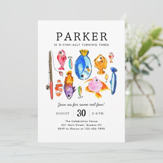 Modern O-Fish-al Reel Fun Fish Viste Verjaardag Kaart (Staand voorkant)