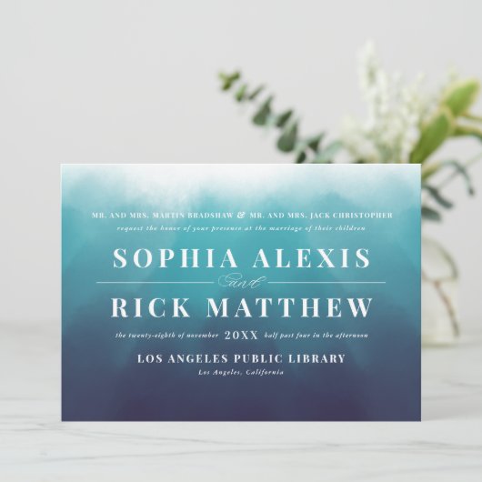 Modern Ocean Blue Elegant Typography Wedding Kaart (Staand voorkant)