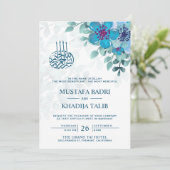 Modern Ocean Blue Floral Islamic Muslim Wedding Kaart (Staand voorkant)