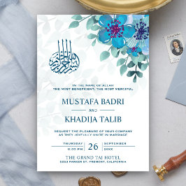 Modern Ocean Blue Floral Islamic Muslim Wedding Kaart