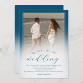 Modern Ocean Blue Ombre 2-foto bruiloft Kaart (Voorkant / Achterkant)