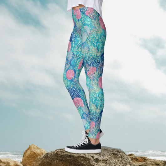 Modern Ocean Blue Pink Tropical Coral Waterverf Leggings