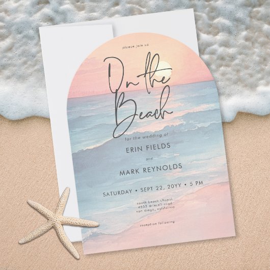 Modern Ocean Sunset Watercolor Beach Arch Wedding Kaart