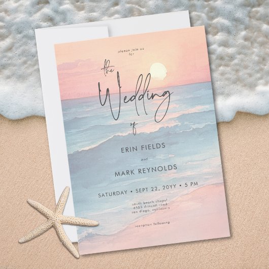 Modern Ocean Sunset Watercolor Beach Wedding Kaart
