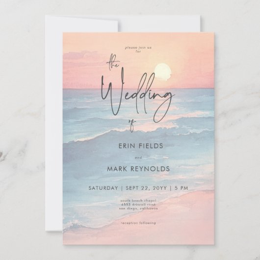 Modern Ocean Sunset Waterverf Beach Wedding Kaart (Voorkant)