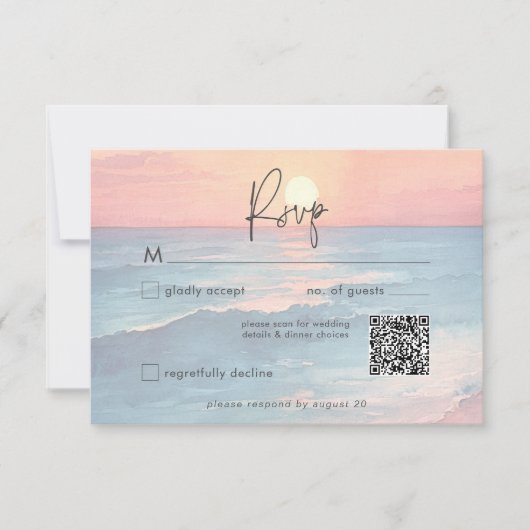 Modern Ocean Sunset Waterverf Beach Wedding QR RSVP Kaartje (Voorkant)
