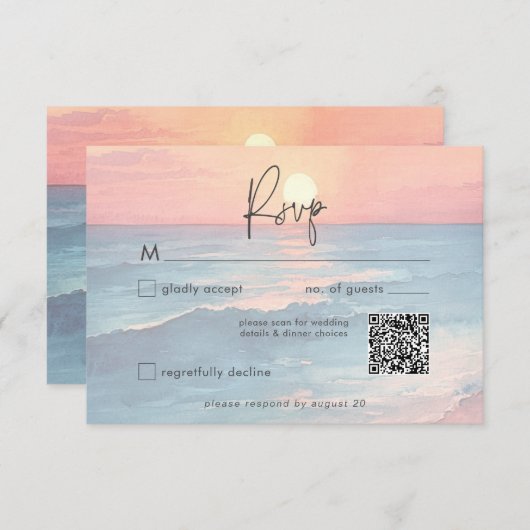 Modern Ocean Sunset Waterverf Beach Wedding QR RSVP Kaartje (Voorkant / Achterkant)