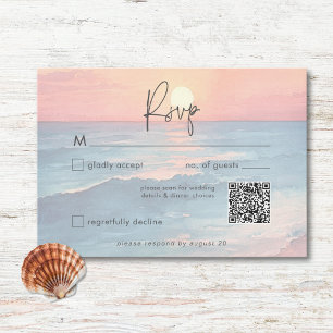 Modern Ocean Sunset Waterverf Beach Wedding QR RSVP Kaartje