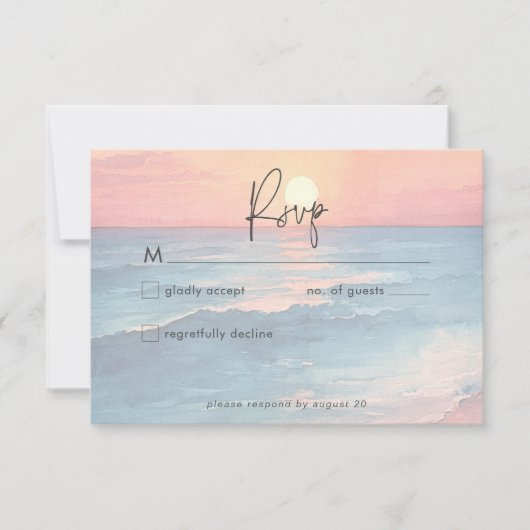 Modern Ocean Sunset Waterverf Beach Wedding RSVP Kaartje (Voorkant)
