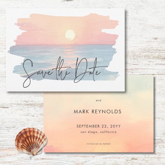 Modern Ocean Sunset Waterverf Beach Wedding Save The Date