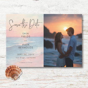 Modern Ocean Sunset Waterverf Strand Trouwfoto Save The Date