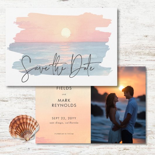 Modern Ocean Sunset Waterverf Strand Trouwfoto Save The Date