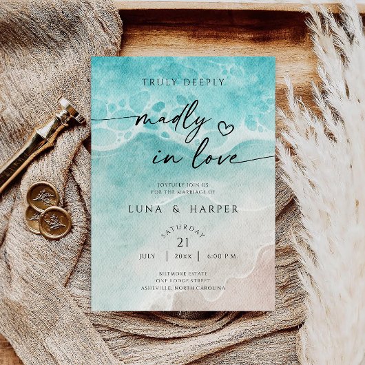 Modern Ocean Tide Watercolor Beach Wedding Kaart