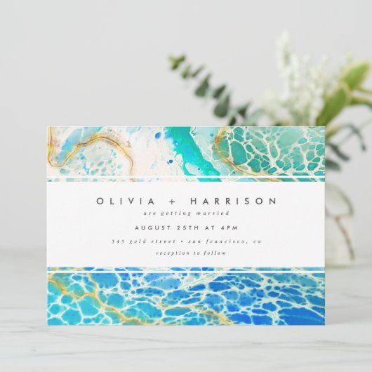 Modern Ocean Waves Turquoise Blue Wedding Kaart (Staand voorkant)