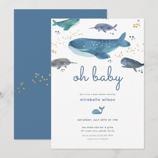 Modern Ocean Whale Baby shower Invitation Kaart (Voorkant / Achterkant)