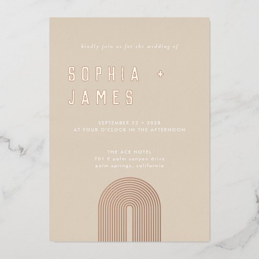 Modern Ochre Oranje Boho Arch Wedding Folie Uitnodiging (Voorkant)