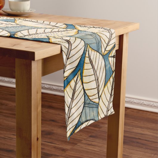 Modern Oerwoud Big Tropical Leaf Blue en Beige Medium Tafelloper (Voorbeeld)