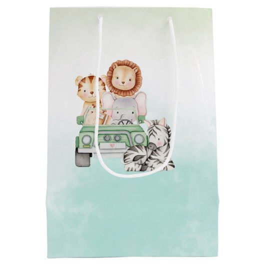 Modern Oerwoud Dieren Groene Safari baby shower Medium Cadeauzakje (Achterkant)