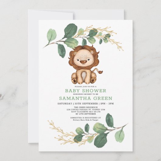 Modern Oerwoud Lion Greenery Gold Co-Ed Baby showe Kaart (Voorkant)