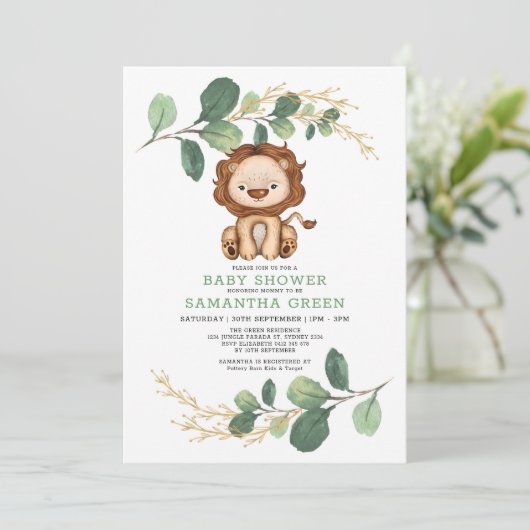 Modern Oerwoud Lion Greenery Gold Co-Ed Baby showe Kaart (Staand voorkant)