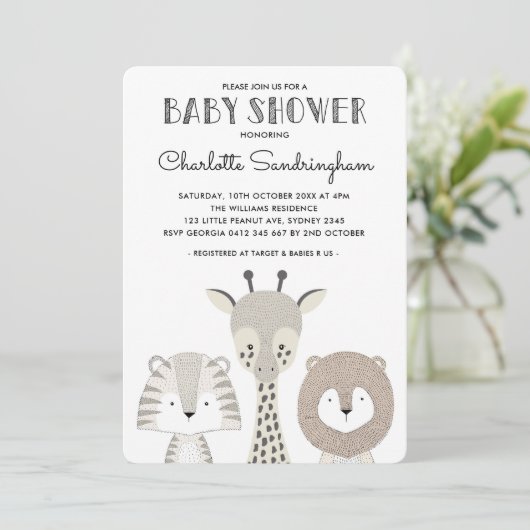 Modern Oerwoud Safari Baby shower Invite Minimalis Kaart (Staand voorkant)