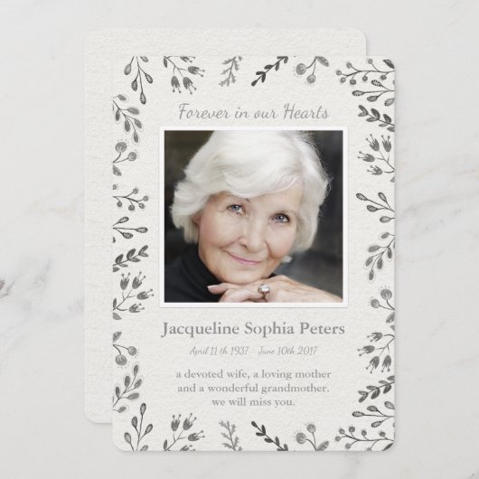 Modern Off White & Grey floral Memorial Aankondiging (Voorkant / Achterkant)