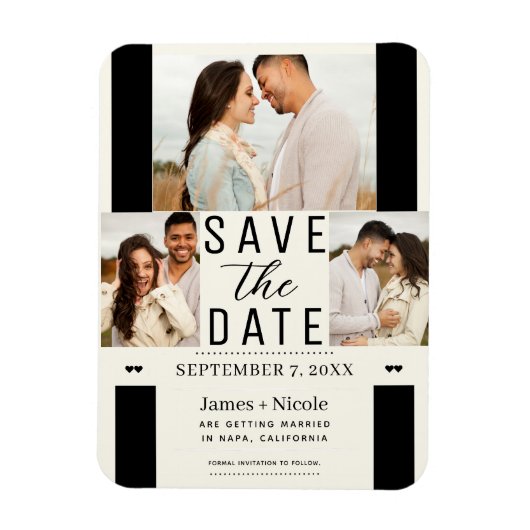 Modern Off White Save the Date 3 Foto Bruiloft Magneet (Verticaal)