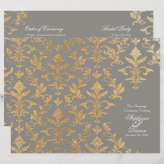 Modern offset Damask Glitter Kijk Wedding Program (Voorkant / Achterkant)
