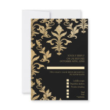 Modern Offset Gold en Black Damask Wedding RSVP