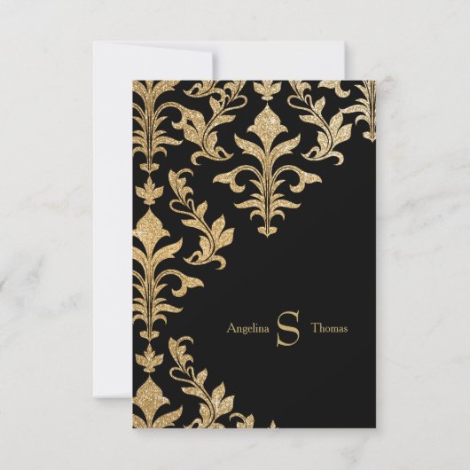 Modern Offset Gold en Black Damask Wedding RSVP Kaart (Achterkant)