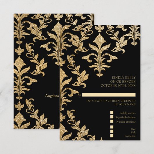 Modern Offset Gold en Black Damask Wedding RSVP Kaart (Voorkant / Achterkant)