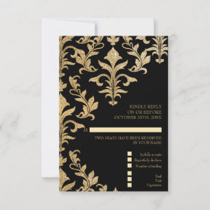 Modern Offset Gold en Black Damask Wedding RSVP Kaart