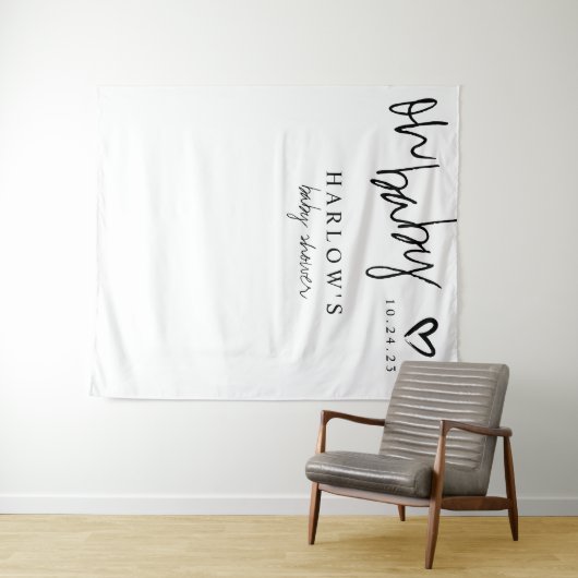 Modern Oh Baby Black en White Baby shower Banner Wandkleed (In Situ (horizontaal))