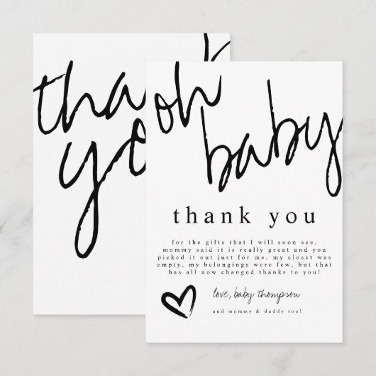 Modern Oh Baby Black & White Baby shower Bedankkaart (Voorkant / Achterkant)
