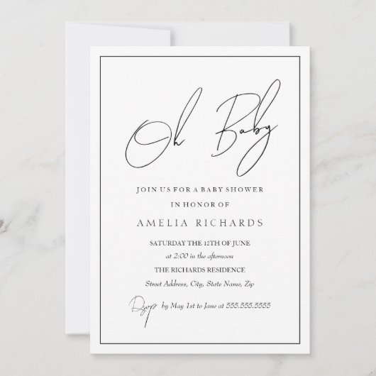 Modern Oh Baby Black White Baby shower Kaart (Voorkant)