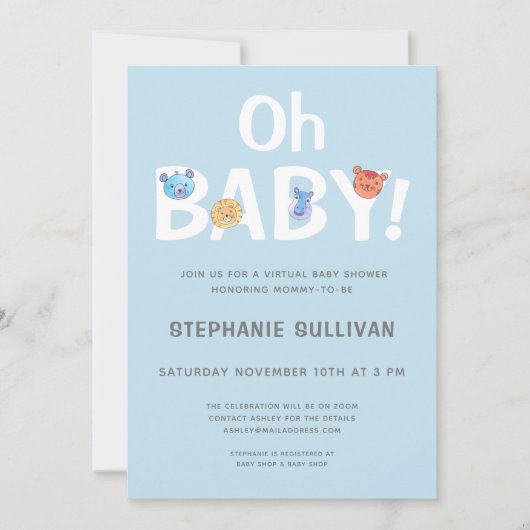 Modern Oh Baby Blue Boy Virtueel Baby shower Kaart (Voorkant)