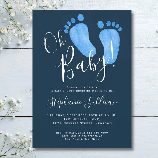 Modern Oh Baby Boy Navy Blue Baby shower Kaart