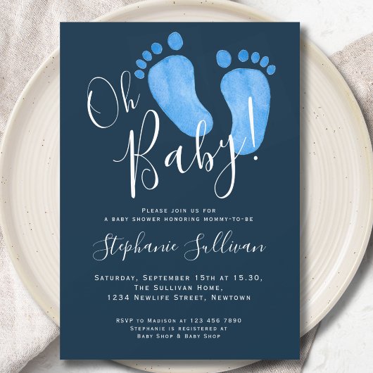 Modern Oh Baby Boy Navy Blue Baby shower Kaart