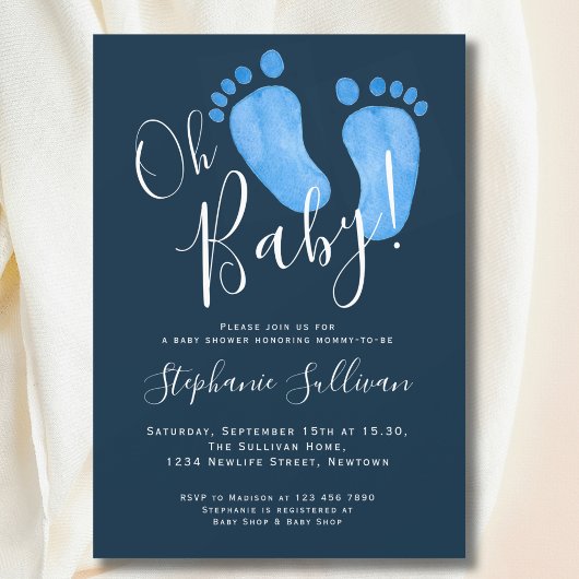 Modern Oh Baby Boy Navy Blue Baby shower Kaart