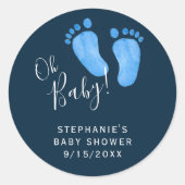 Modern Oh Baby Boy Navy Blue Baby shower Ronde Sticker (Voorkant)