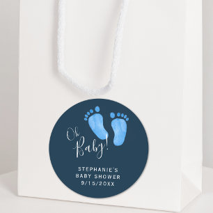 Modern Oh Baby Boy Navy Blue Baby shower Ronde Sticker
