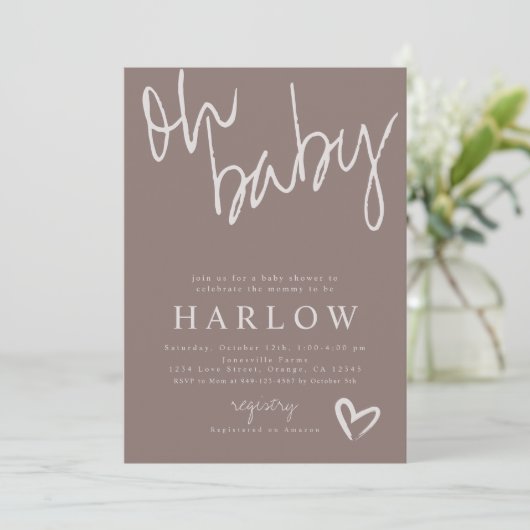 Modern Oh Baby Genderneutraal Baby shower uitnodig Aankondiging (Staand voorkant)