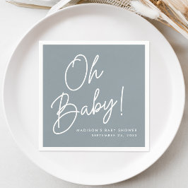Modern Oh Baby Script Dusty Blue Baby shower Servet