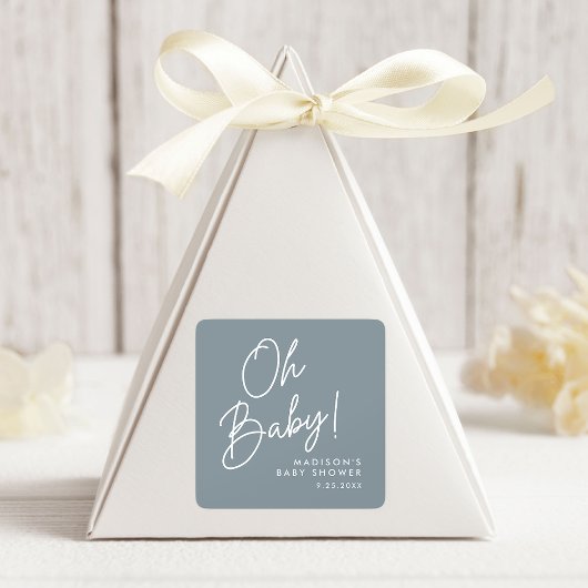 Modern Oh Baby Script Dusty Blue Baby shower Vierkante Sticker