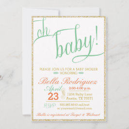 Modern Oh Baby shower Coral Mint Gold Glitter Kaart