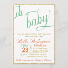 Modern Oh Baby shower Coral Mint Gold Glitter Kaart