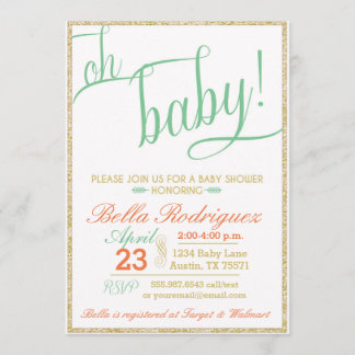 Modern Oh Baby shower Coral Mint Gold Glitter Kaart