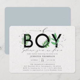 Modern Oh Boy Blue Tropical Greenery Baby shower Kaart
