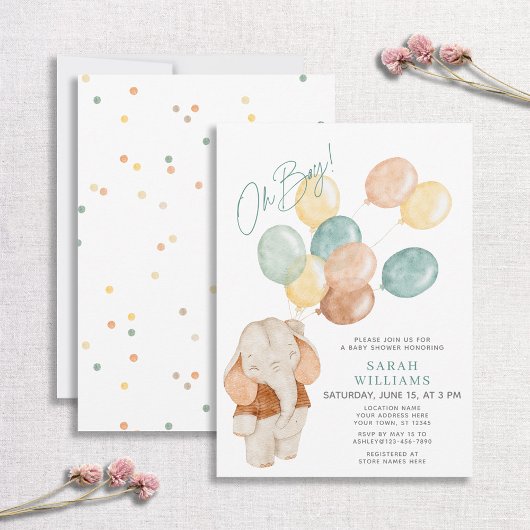 Modern Oh Boy Elephant Baby shower Kaart